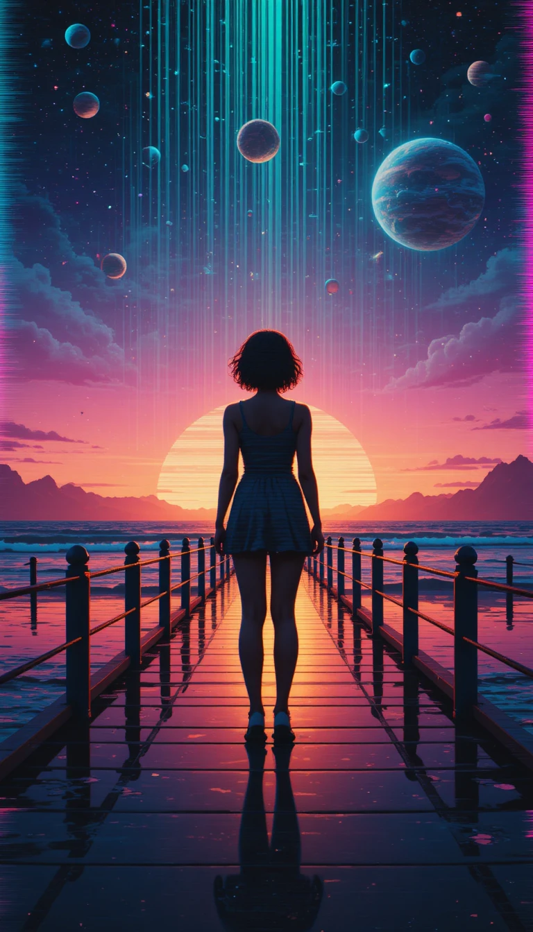Glitched girl silhouette on reflective pier at cosmic sunset