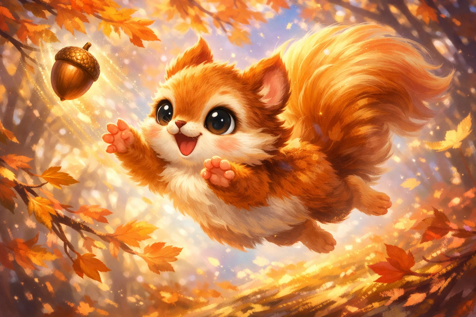 Playful baby squirrel chasing an acorn in autumn forest