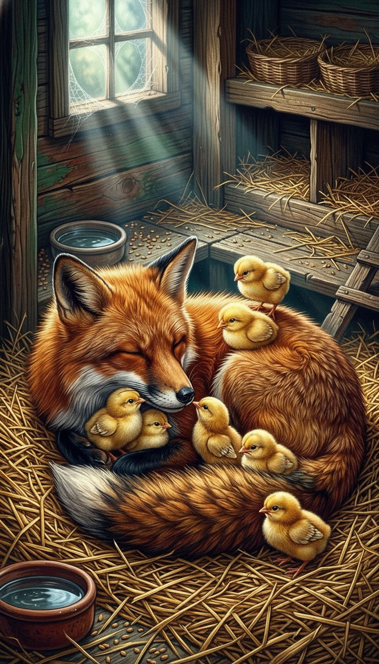 Fox resting on straw as mother to five baby chicks