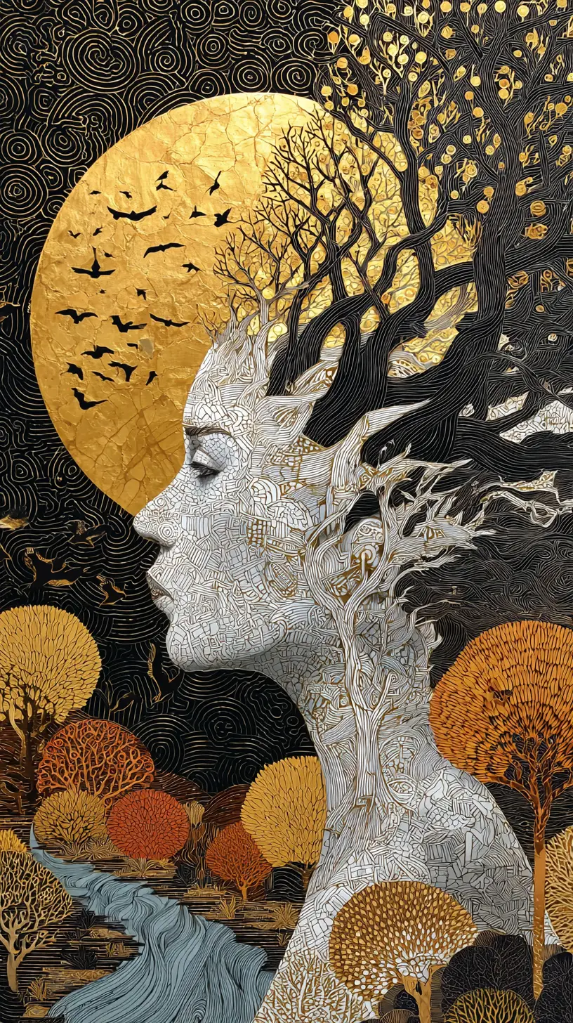 Surreal woman in profile with mosaic face and tree hair