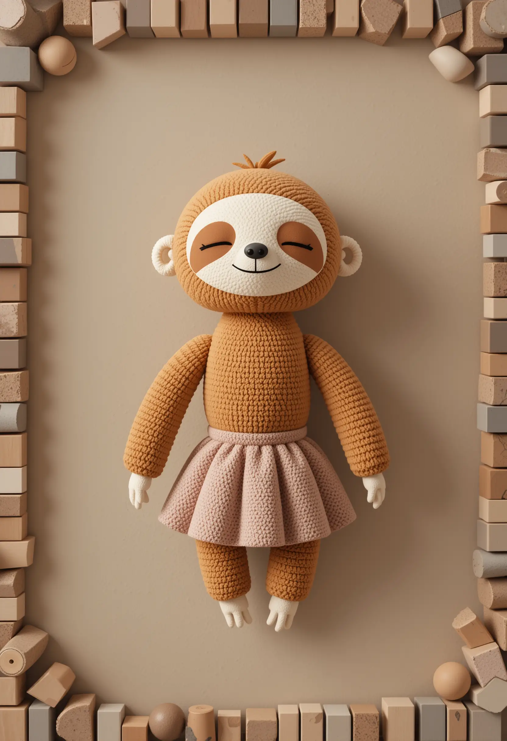 Cylinder inspired plush sloth character on soft taupe background