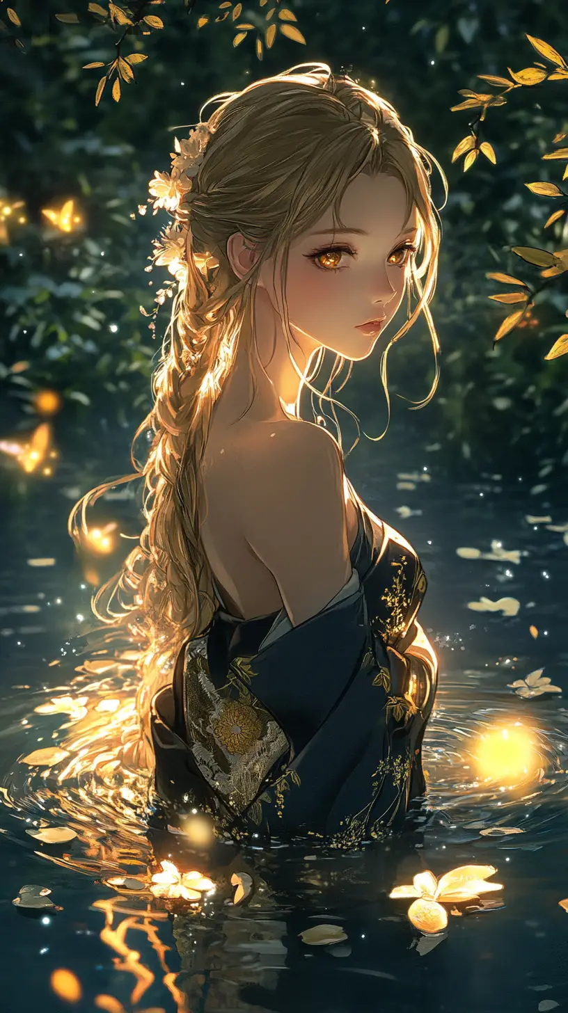 Ragazza anime in kimono in una pozza luminosa nella foresta