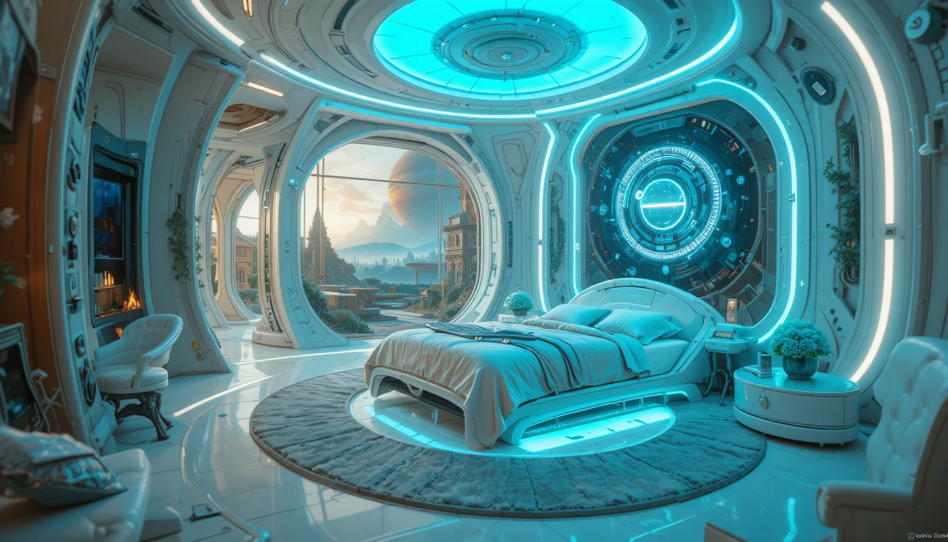 Futuristic neon bedroom with car shaped bed interior