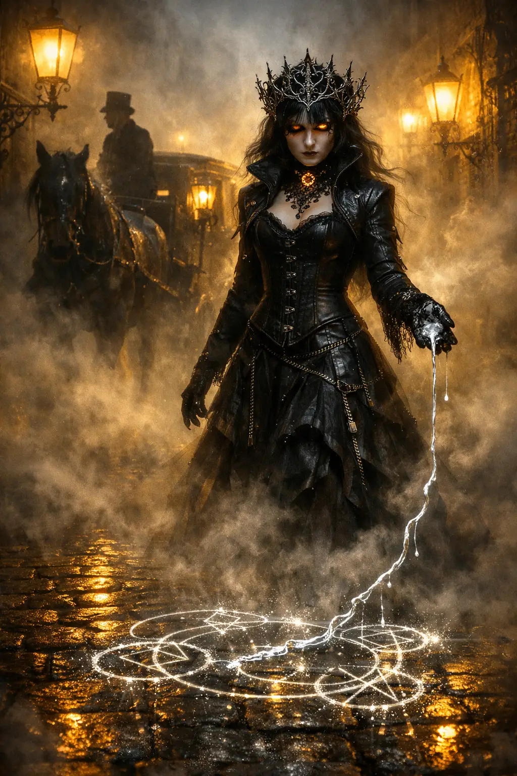 Midnight alchemist woman in a foggy victorian alley