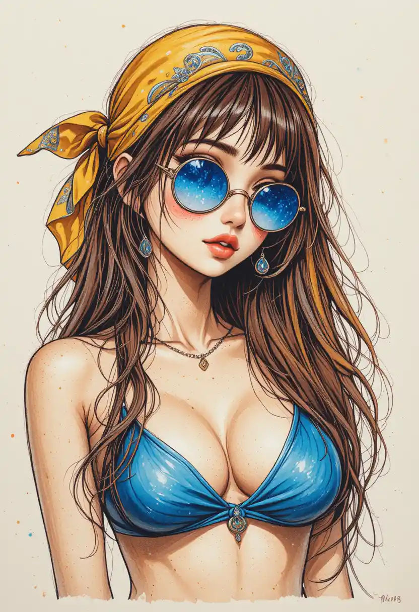 黄色いバンダナの女の子の色鉛筆ポートレート