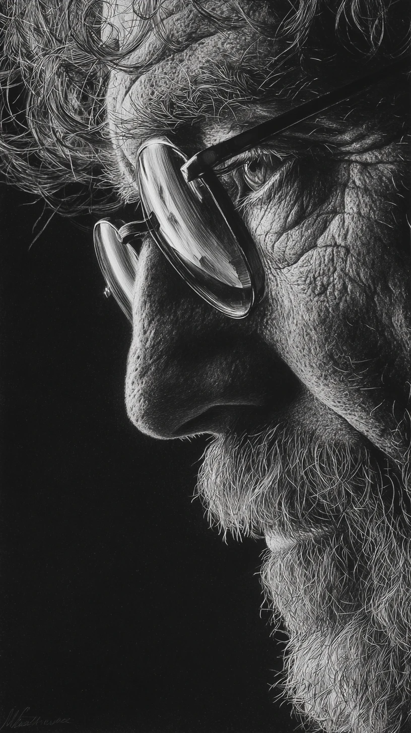 Close up pencil portrait of an aging man in glasses