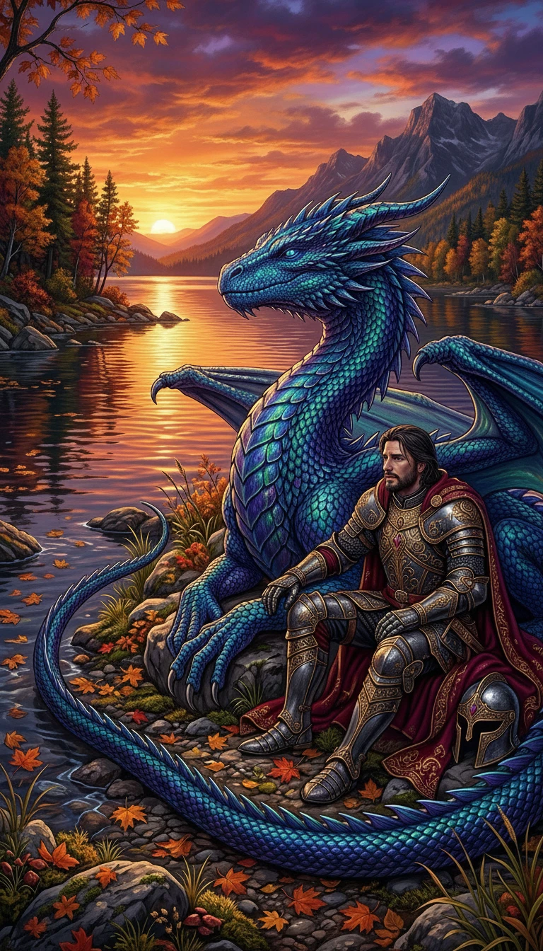 Dragon and knight resting by a glowing sunset lake