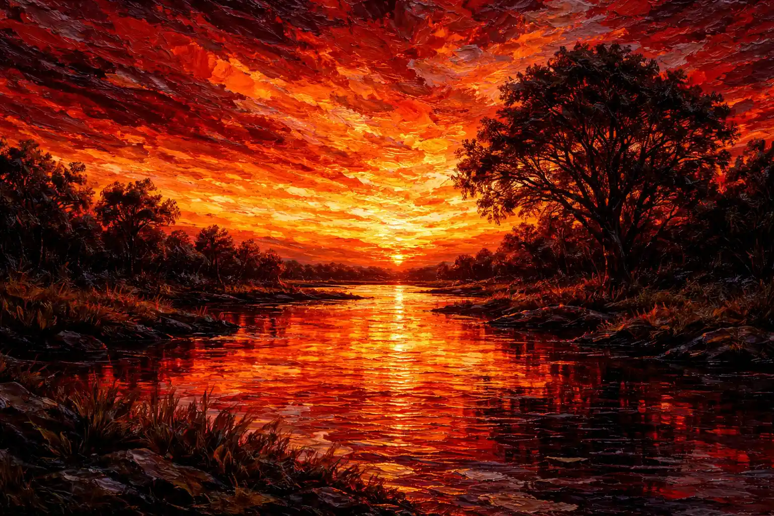 Impasto sunset river landscape with silhouetted tree and sky