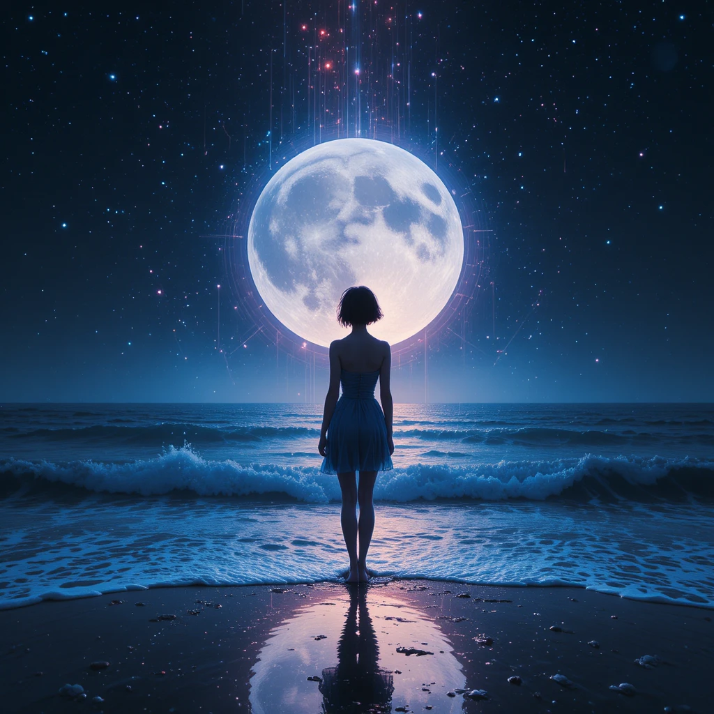 Surreal woman silhouette under a glowing cosmic moon