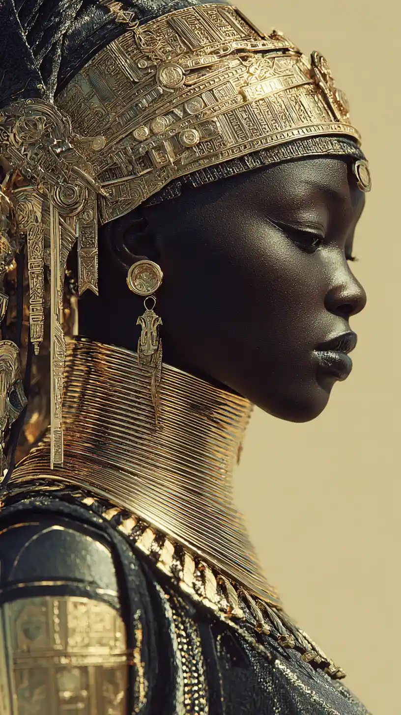 Regal side profile portrait with golden ceremonial adornments