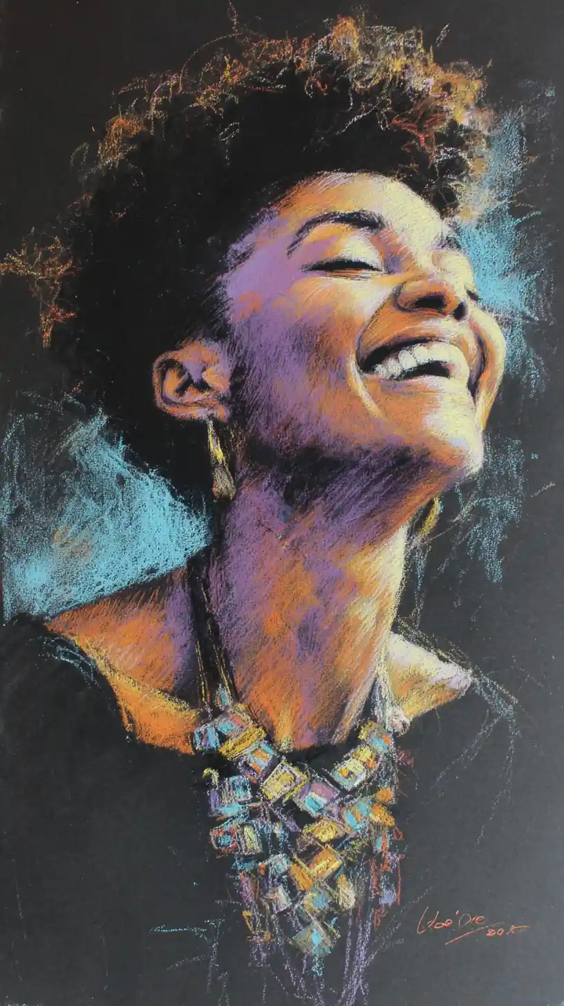 Femme noire joyeuse riant dans un portrait radiant en technique mixte