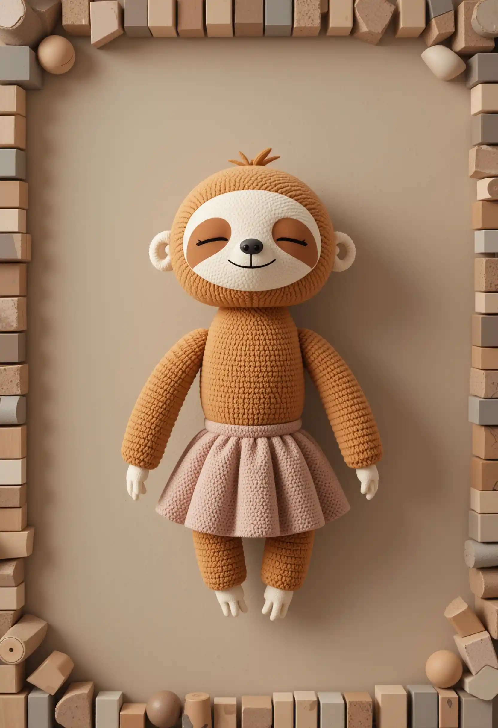 Cylinder inspired plush sloth character on soft taupe background