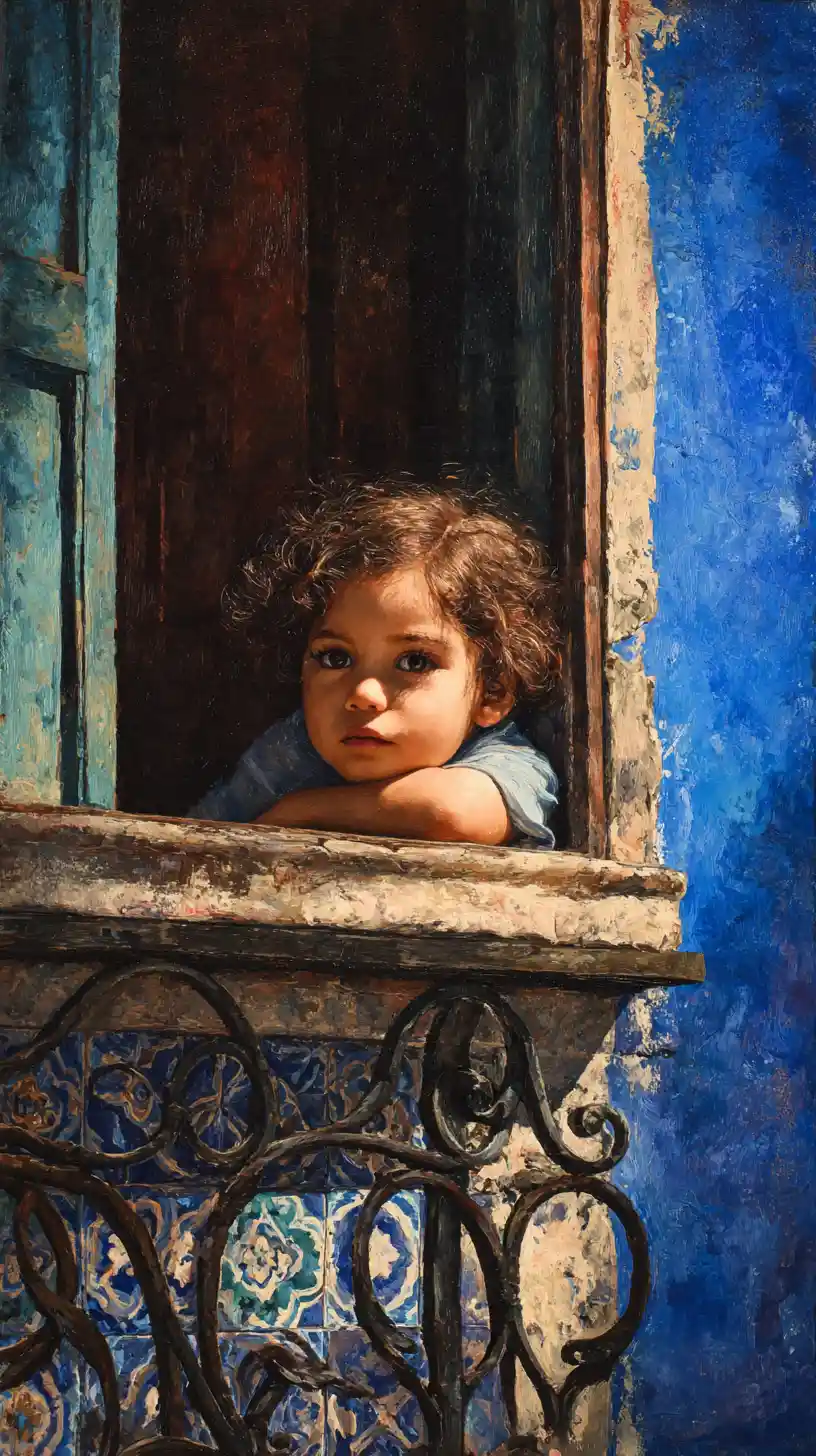 Young child at rustic window in Mediterranean colors