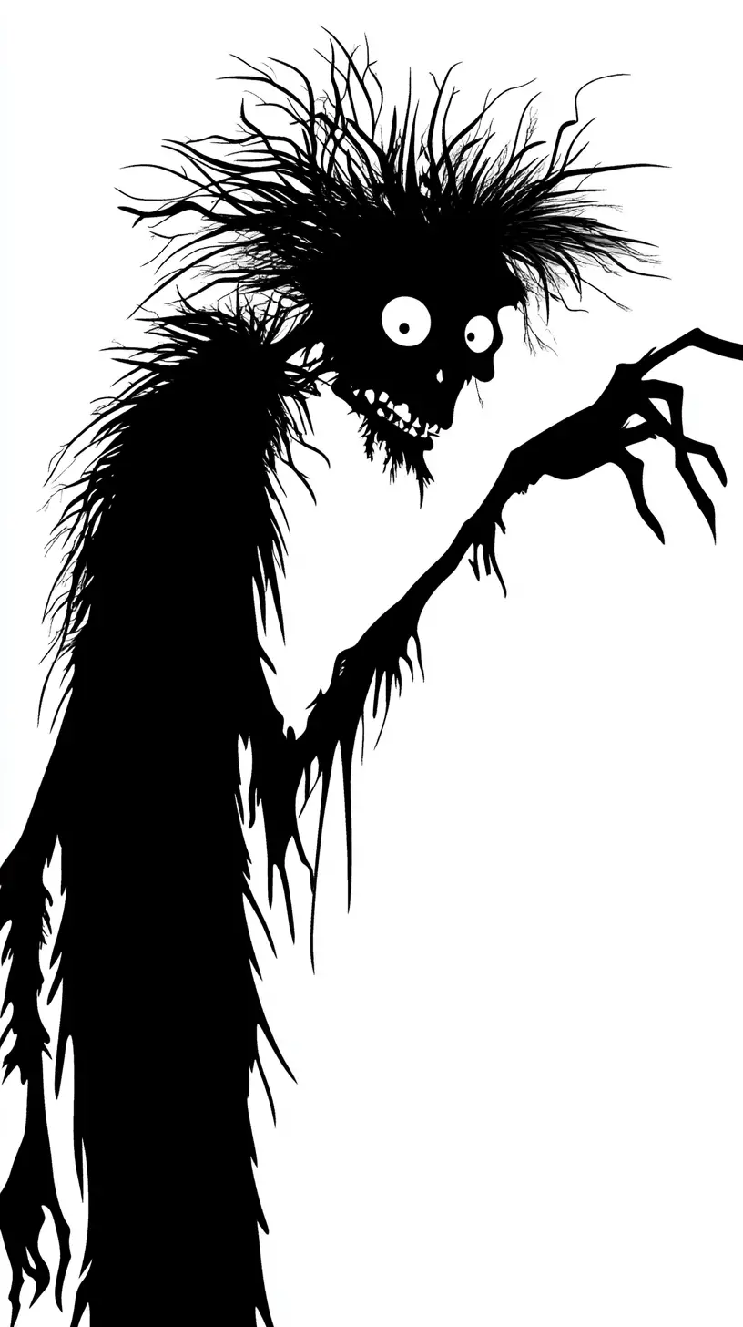 Creepy silhouette figure with wild hair and bony pointing finger