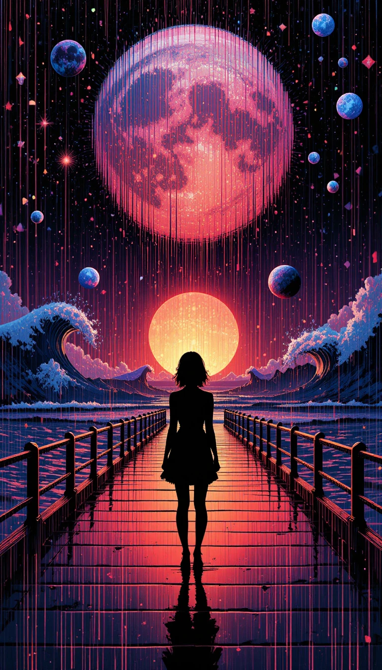 Glitched girl silhouette on a reflective pier at sunset