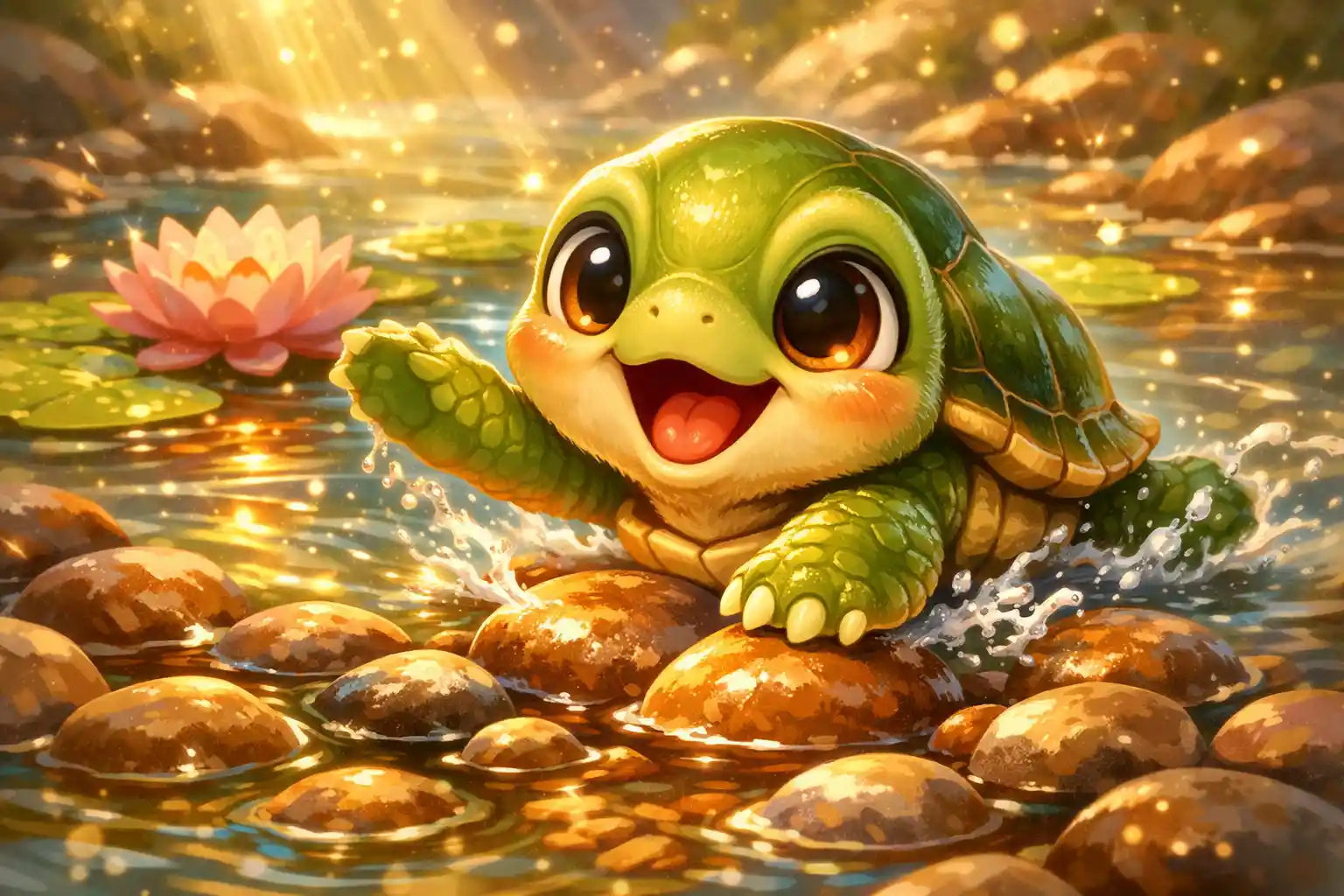 Niedliches Babyschildkrötenküken erkundet Kieselsteine in einem ruhigen Teich