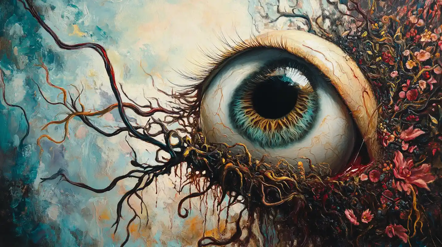 Surreal close up of a terrified eyeball bound by roots