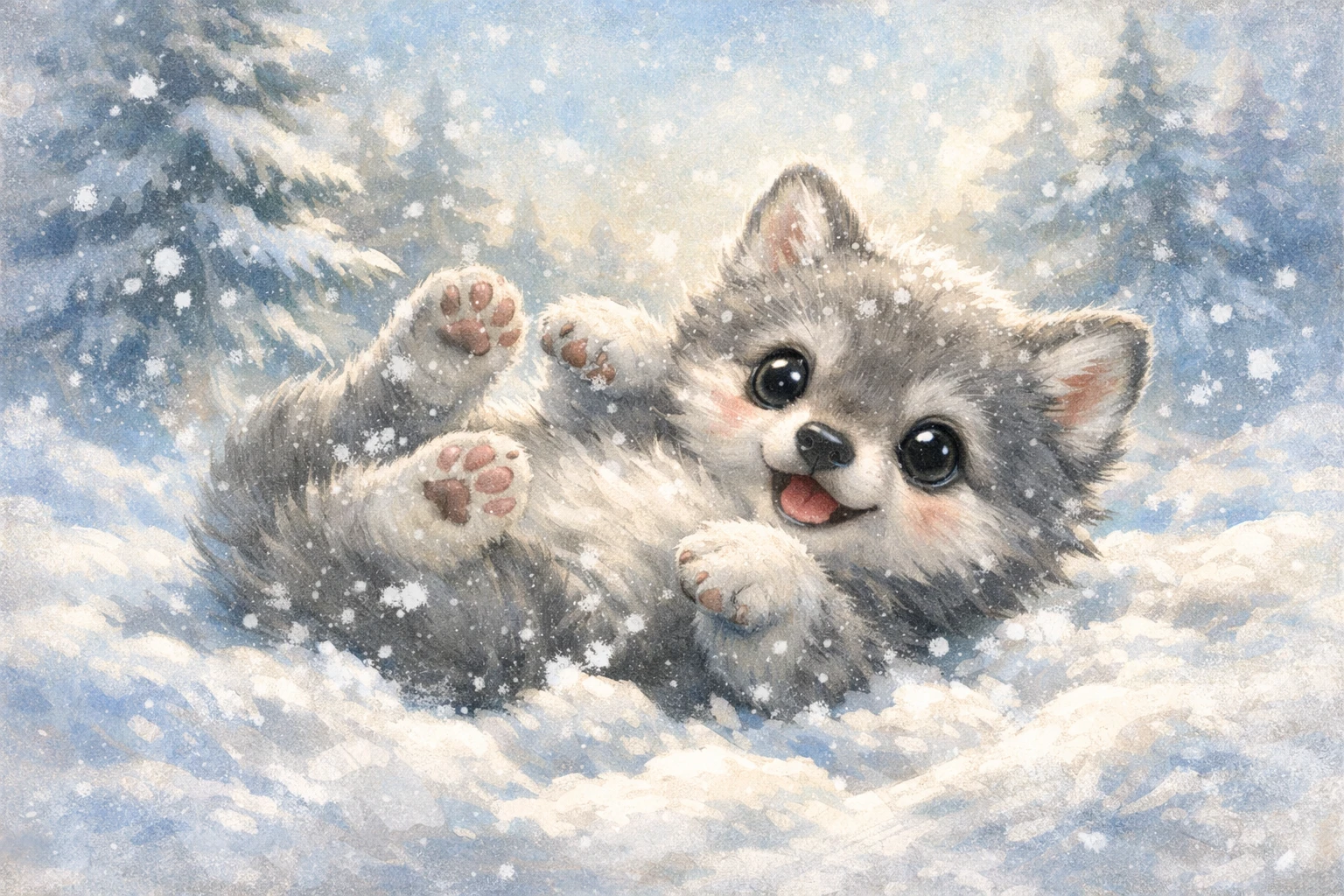 Playful baby wolf rolling in soft winter snow