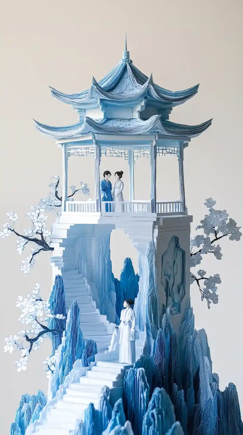 Pagoda di carta su montagne blu sovrapposte con coppia in hanfu