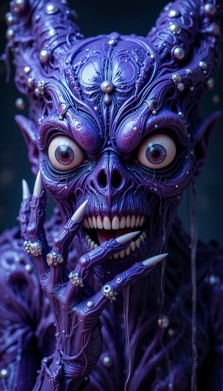Creepy rococo horror creature with bulging eyes and claws