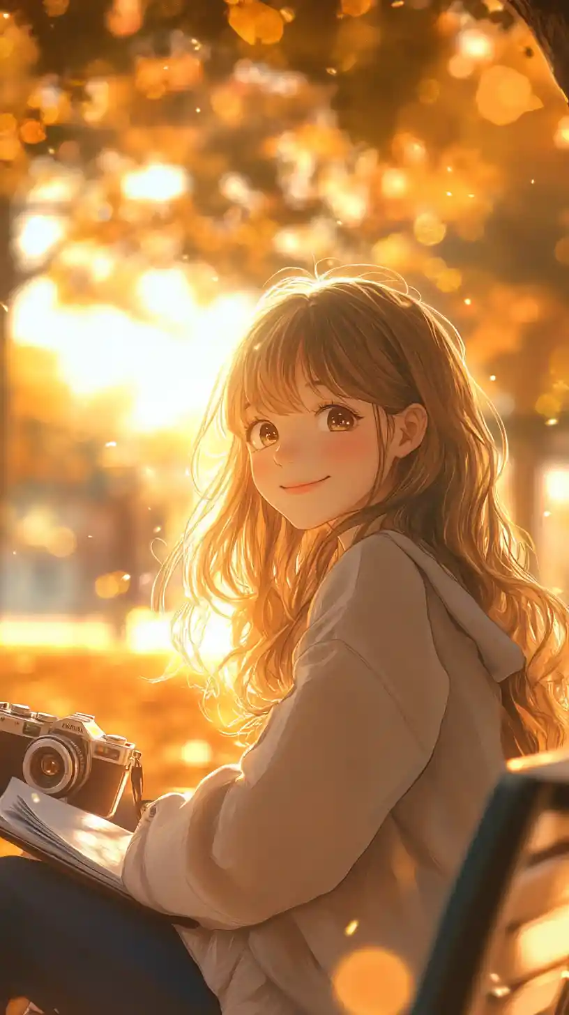 Anime girl on park bench sketching in warm sunlight