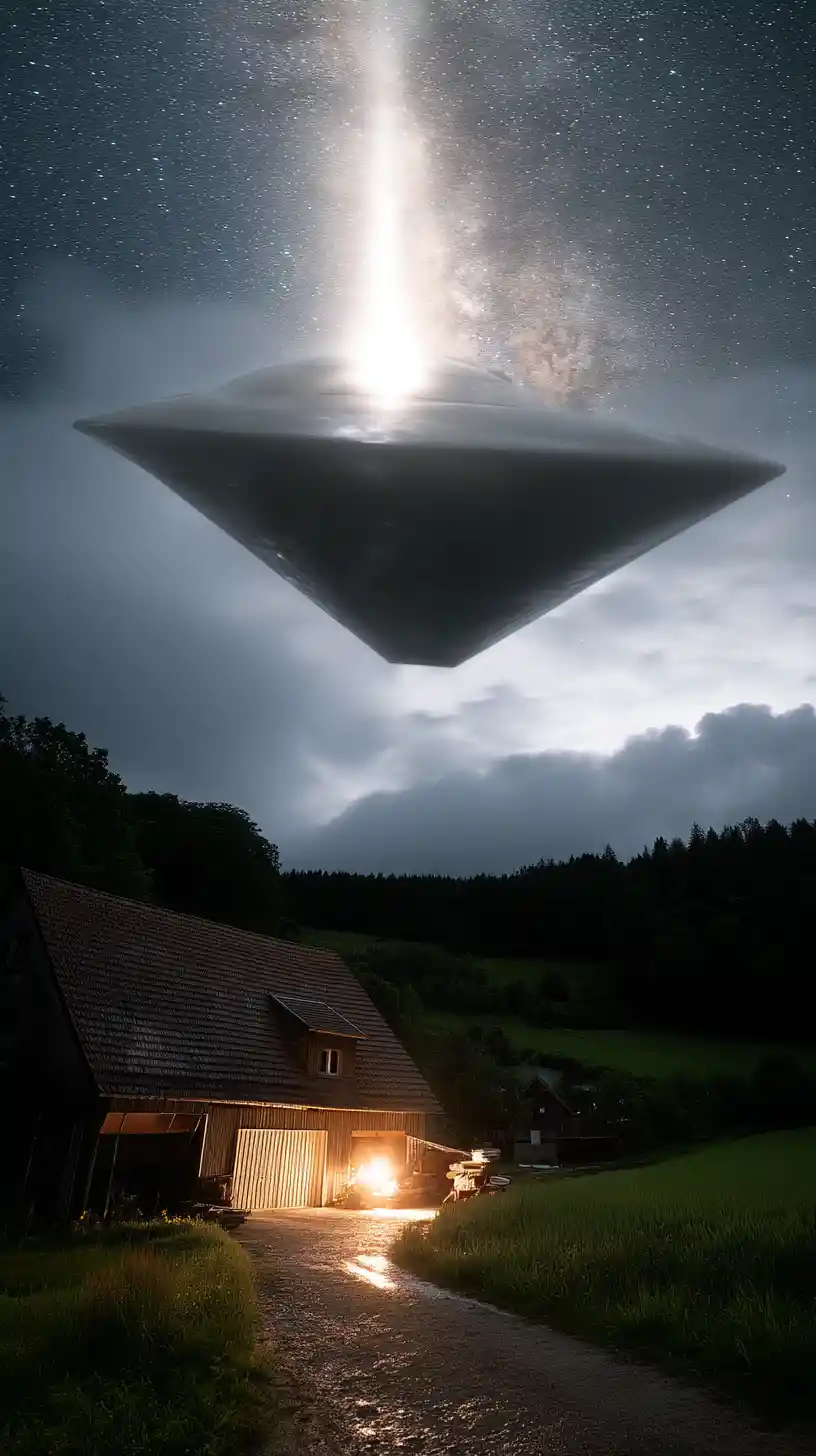 UFO with strobe lights over rural French night sky