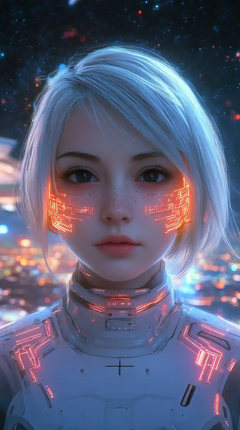 Anime girl with neon circuitry before a distant space station