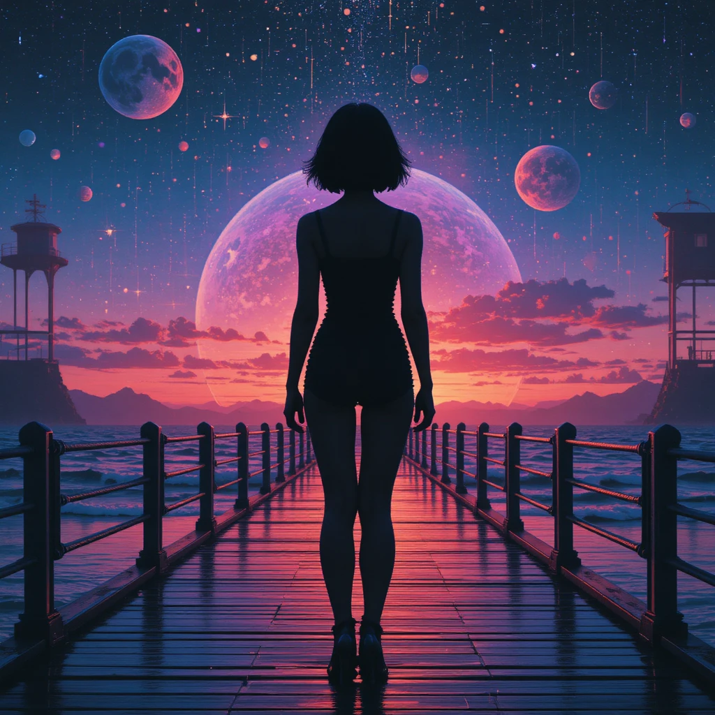Glitched girl silhouette on reflective pier at cosmic sunset