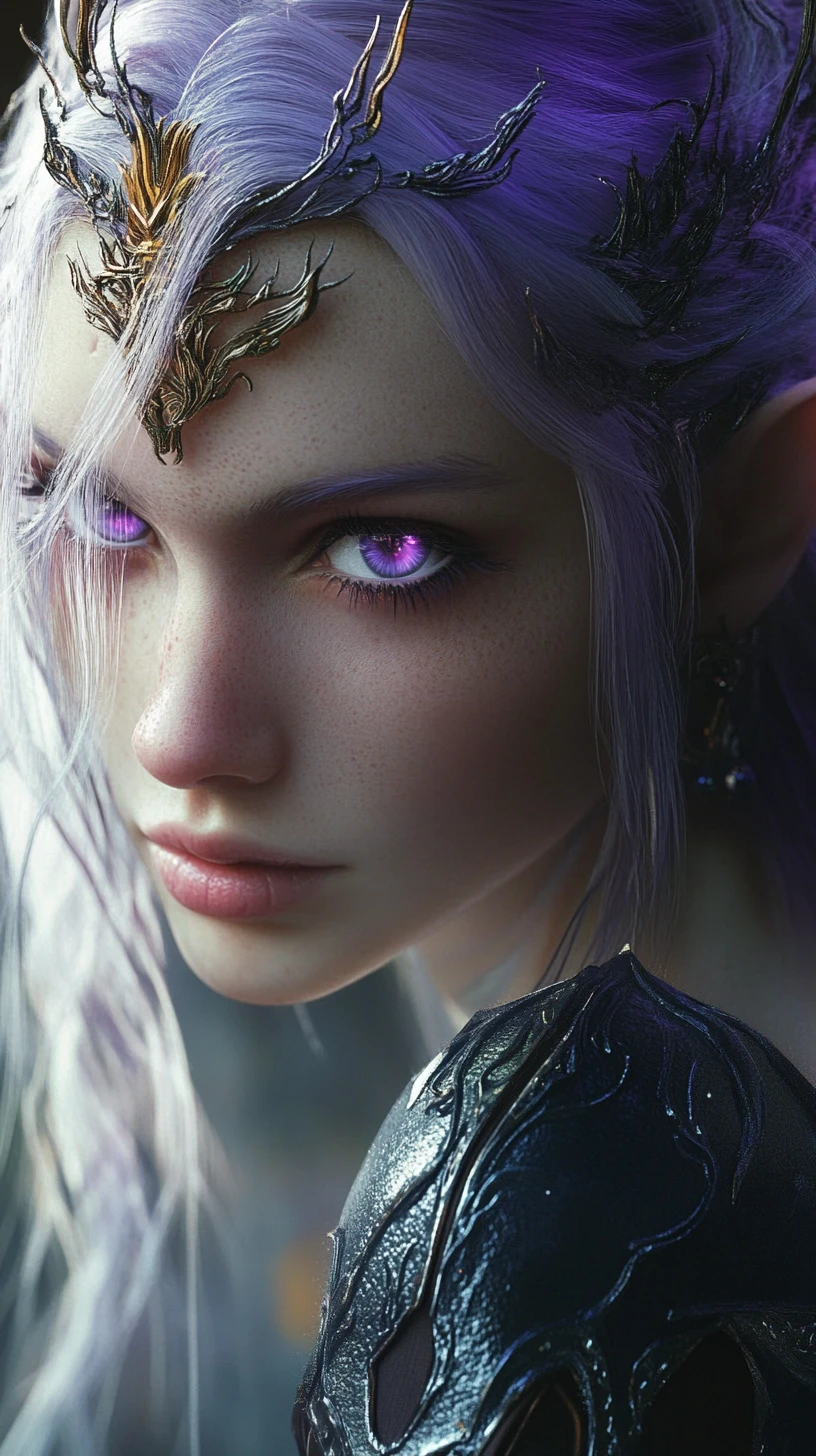 Lavender skinned feline warrior in glowing armor portrait