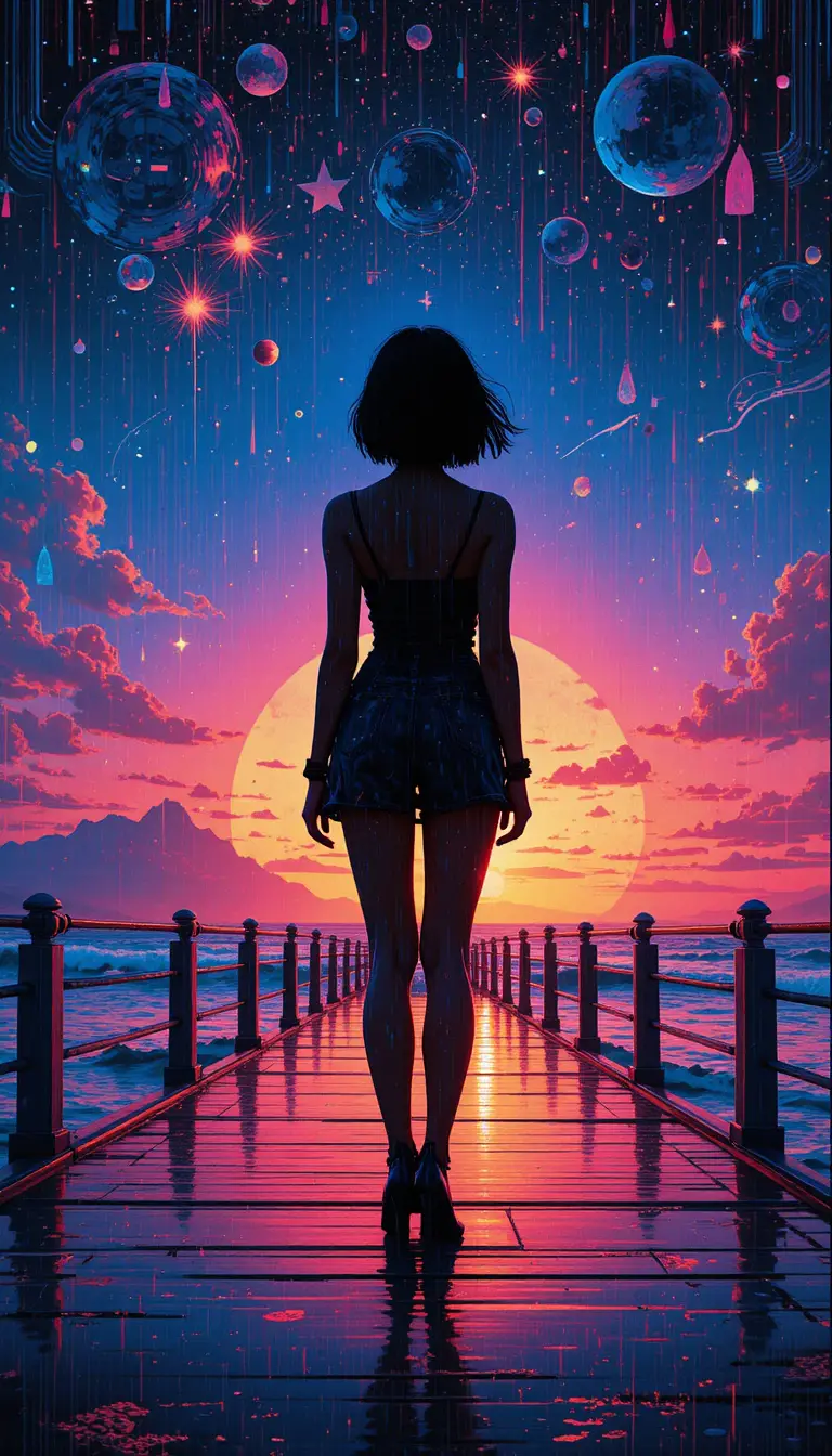 Silhueta de garota com glitch em píer reflexivo ao pôr do sol cósmico