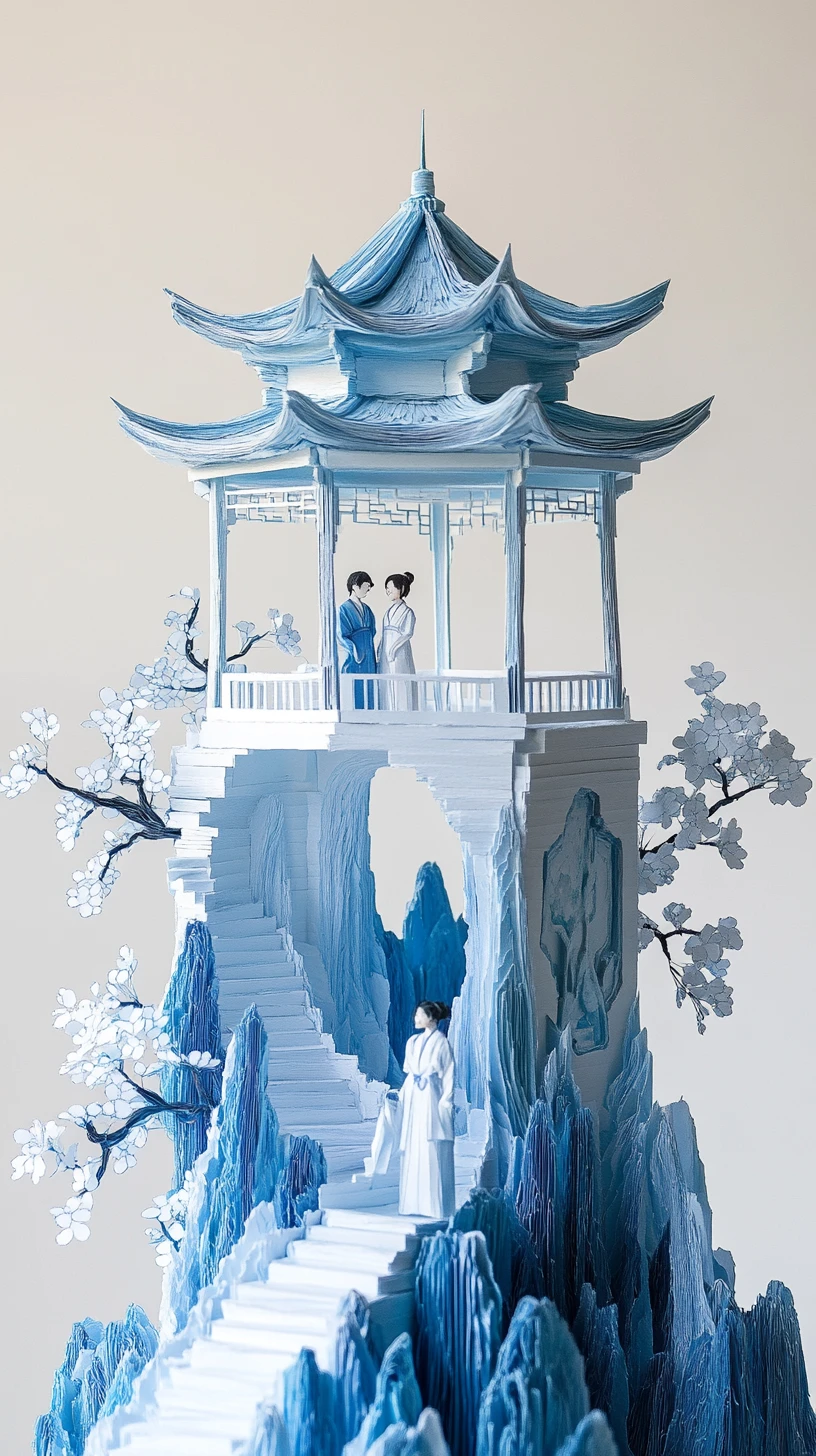 Paper pagoda on layered blue mountains with hanfu couple