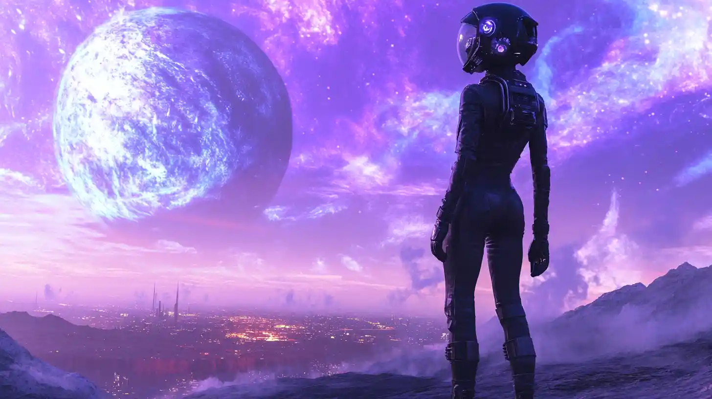 Woman in retro spacesuit gazing at nebula on alien world