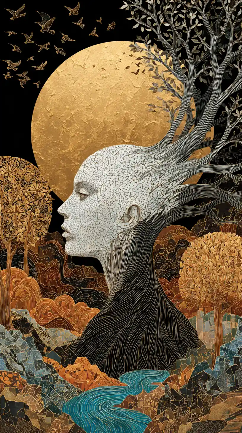 Surreal woman in profile with branching hair and golden halo
