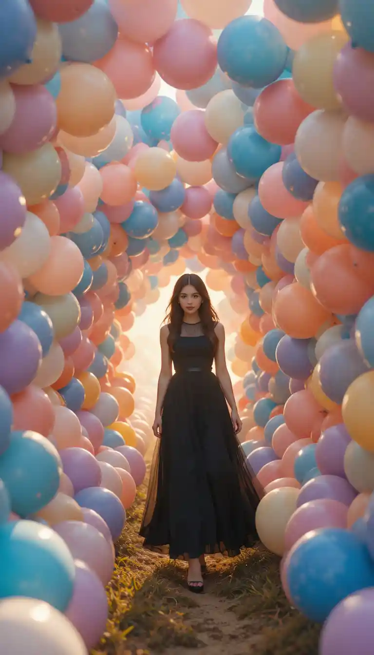 Young woman walking through pastel balloon tunnel at sunset