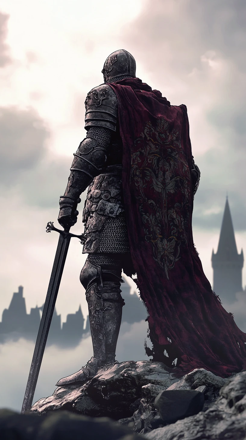 Medieval knight on rocky ledge in backlit cel shaded scene