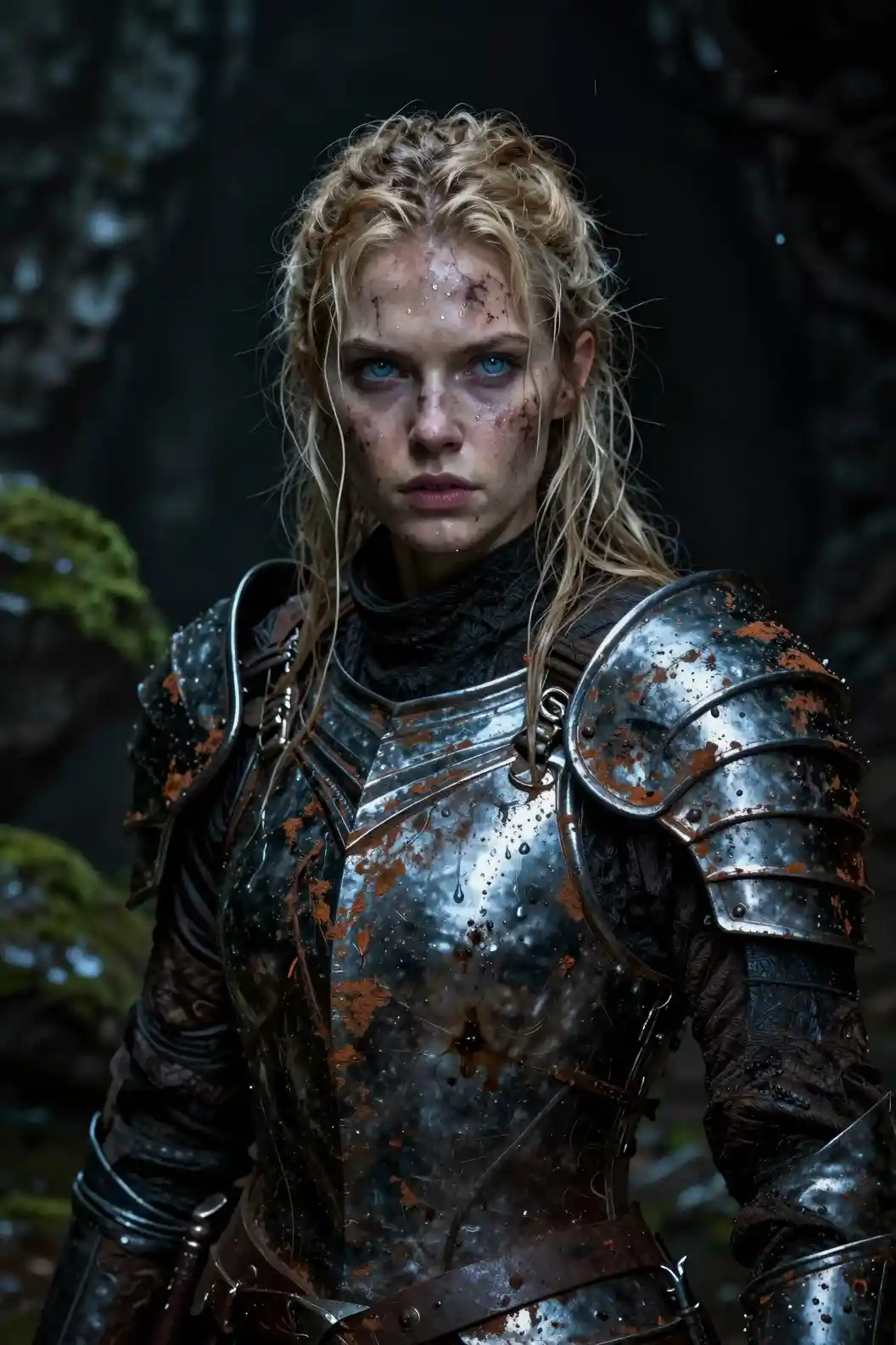 Battle hardened female warrior in rusted gothic armor