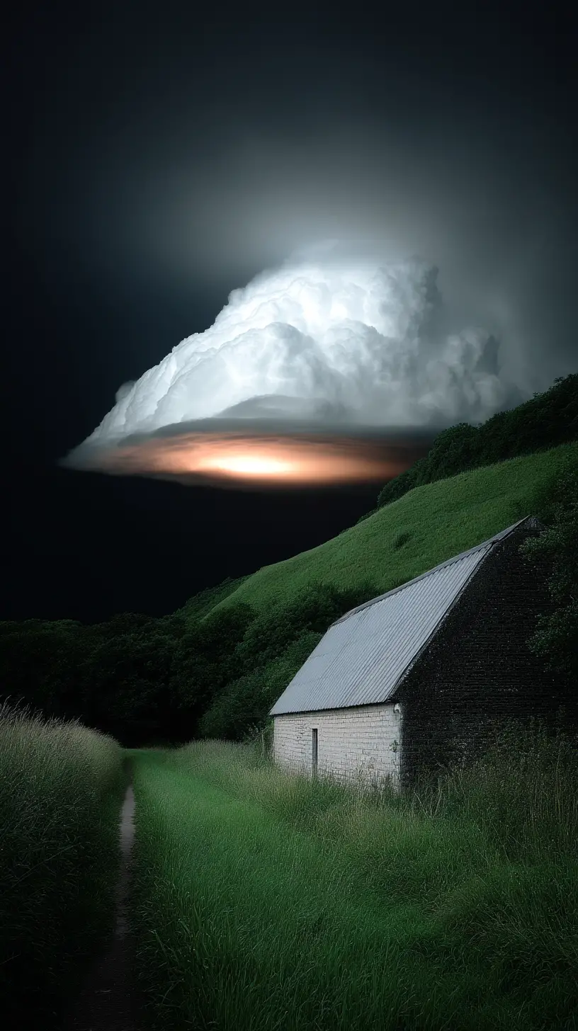UFO With Strobe Lights Over Rural French Night Landscape