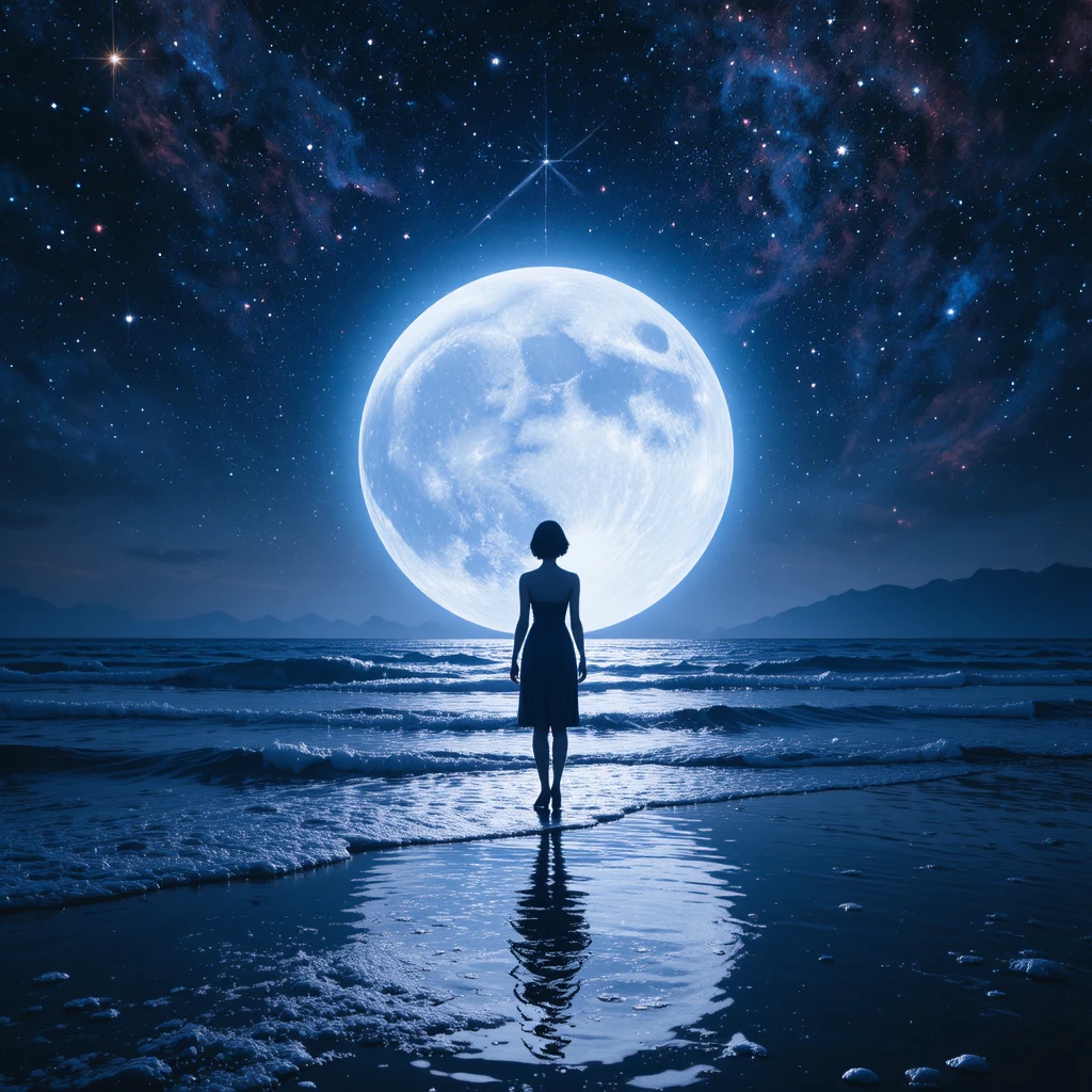 Silhouette surreale di donna al neon sotto un cielo cosmico illuminato dalla luna