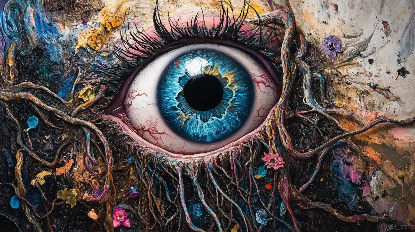 Close-up surreal de um globo ocular amarrado em solo retorcido