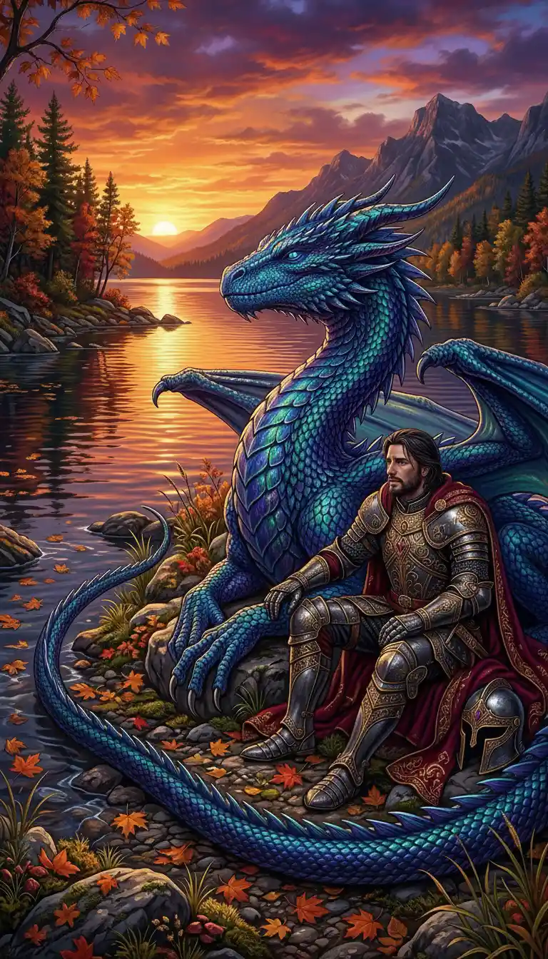 Drago e cavaliere che riposano accanto a un lago illuminato dal tramonto