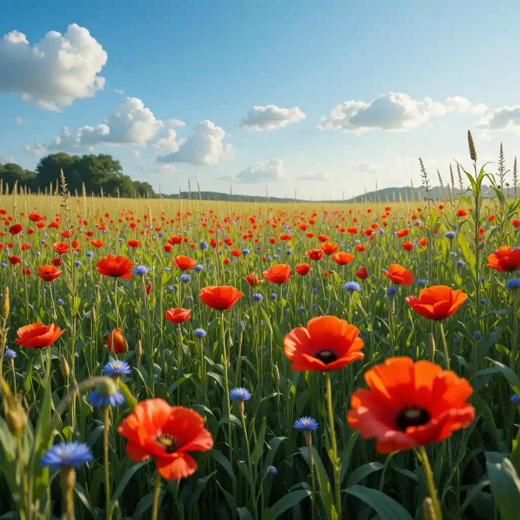 Summer cornfield with red poppies under a blue sky