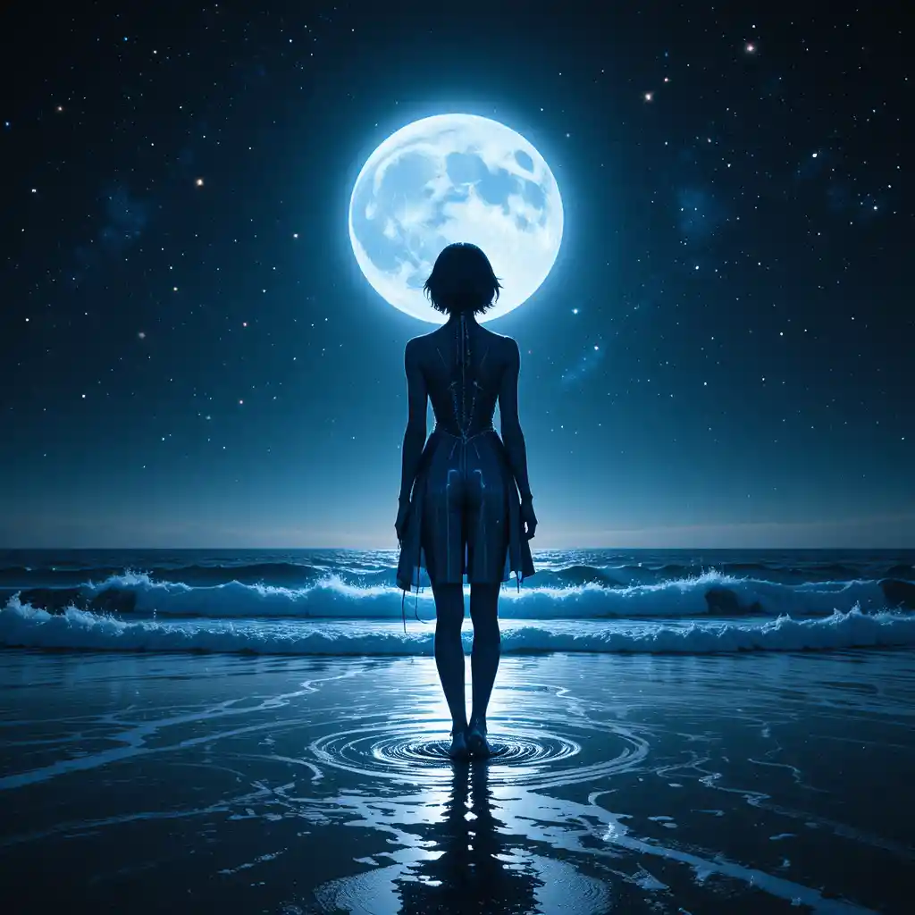 Silhueta de mulher sob uma lua cheia brilhante sobre ondas do oceano