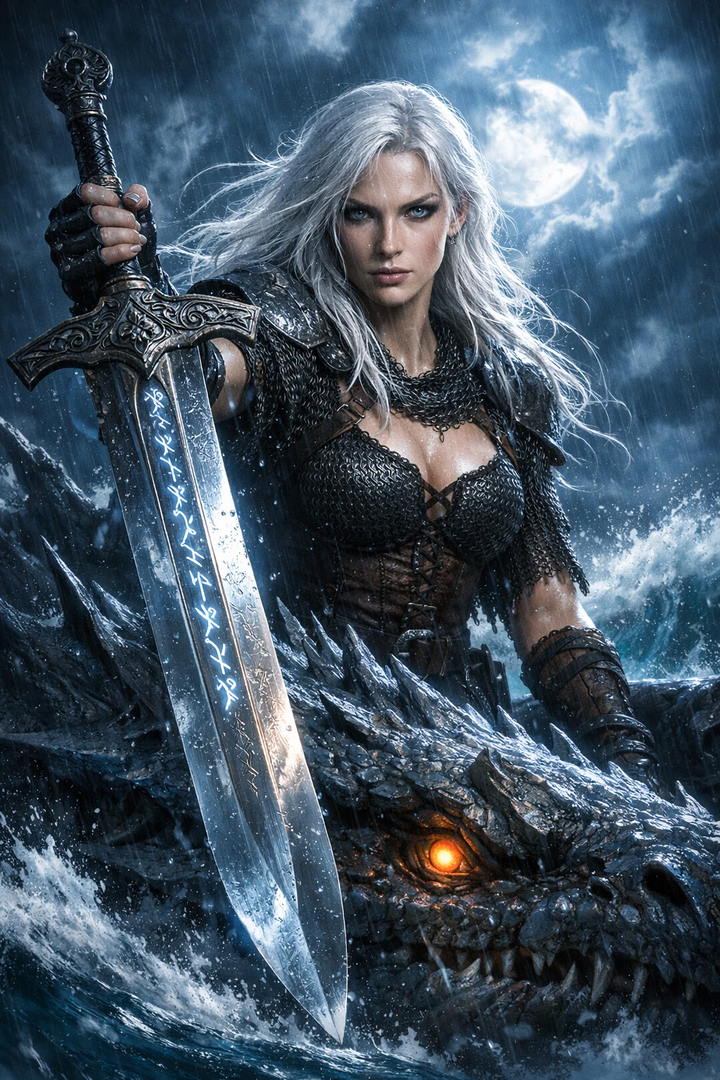 White haired warrior riding a sea dragon in stormy moonlight