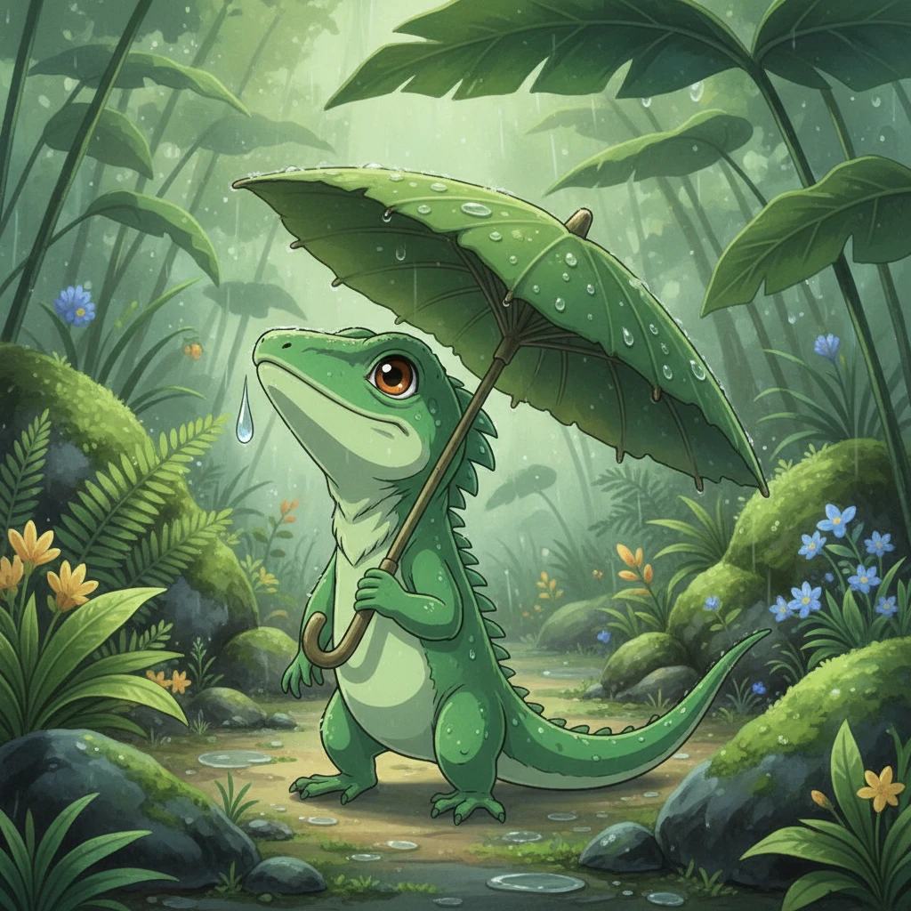 Tiny anime lizard under a leaf umbrella in the rain