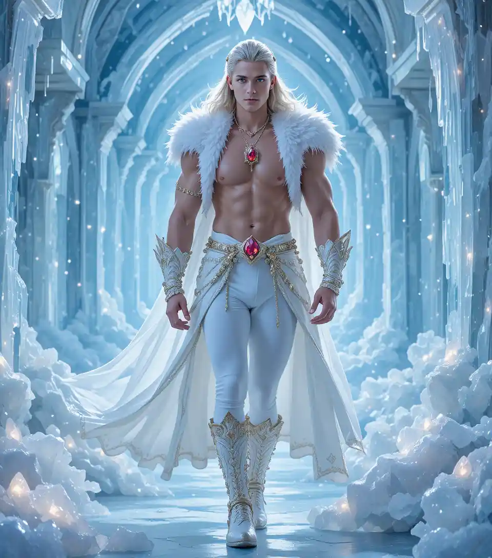 Blonder Fantasieprinz, der durch ein funkelndes Eisschloss schreitet