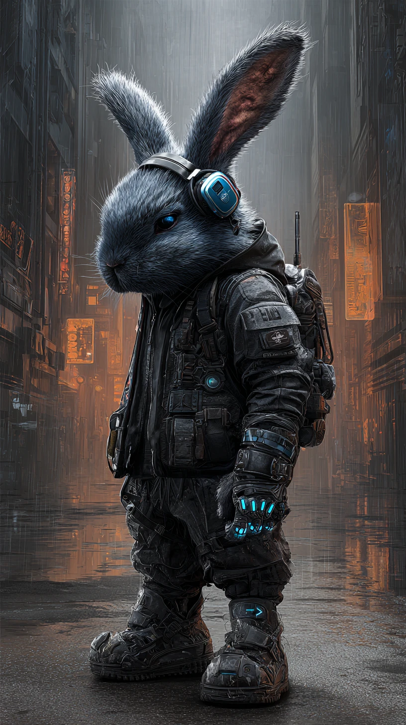 Cyberpunk rabbit warrior glowing in a rainy neon alley