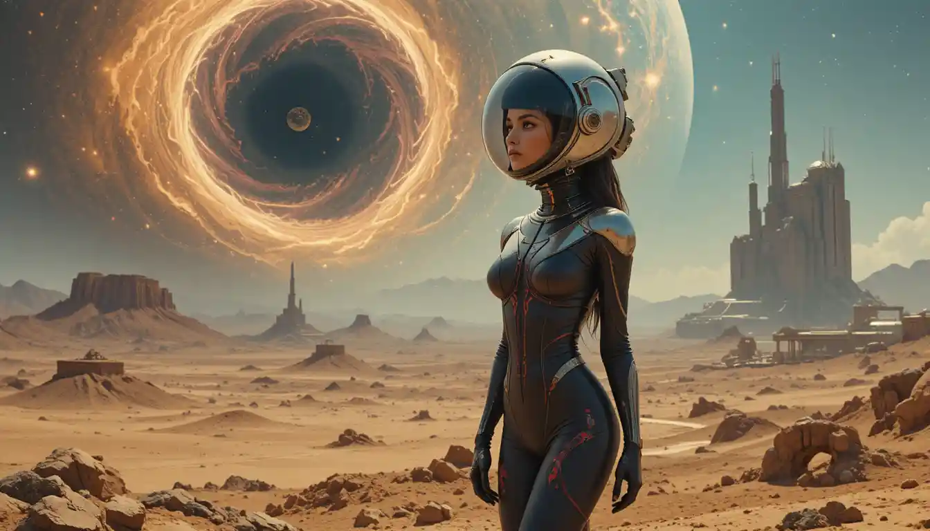 Woman in retro spacesuit on alien world under glowing nebula