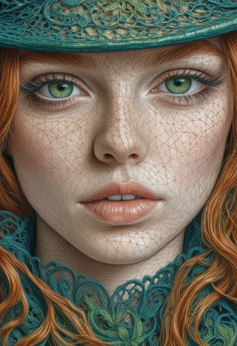 Red haired girl in ornate hat color pencil portrait