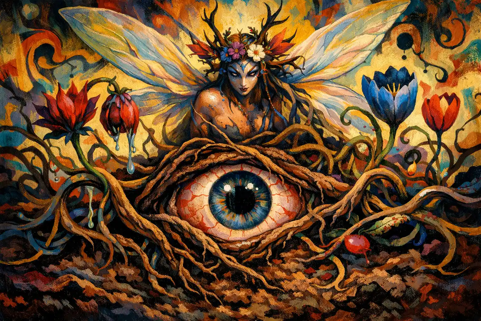 Hada surreal incrustada en la tierra con ojo temeroso y fijo