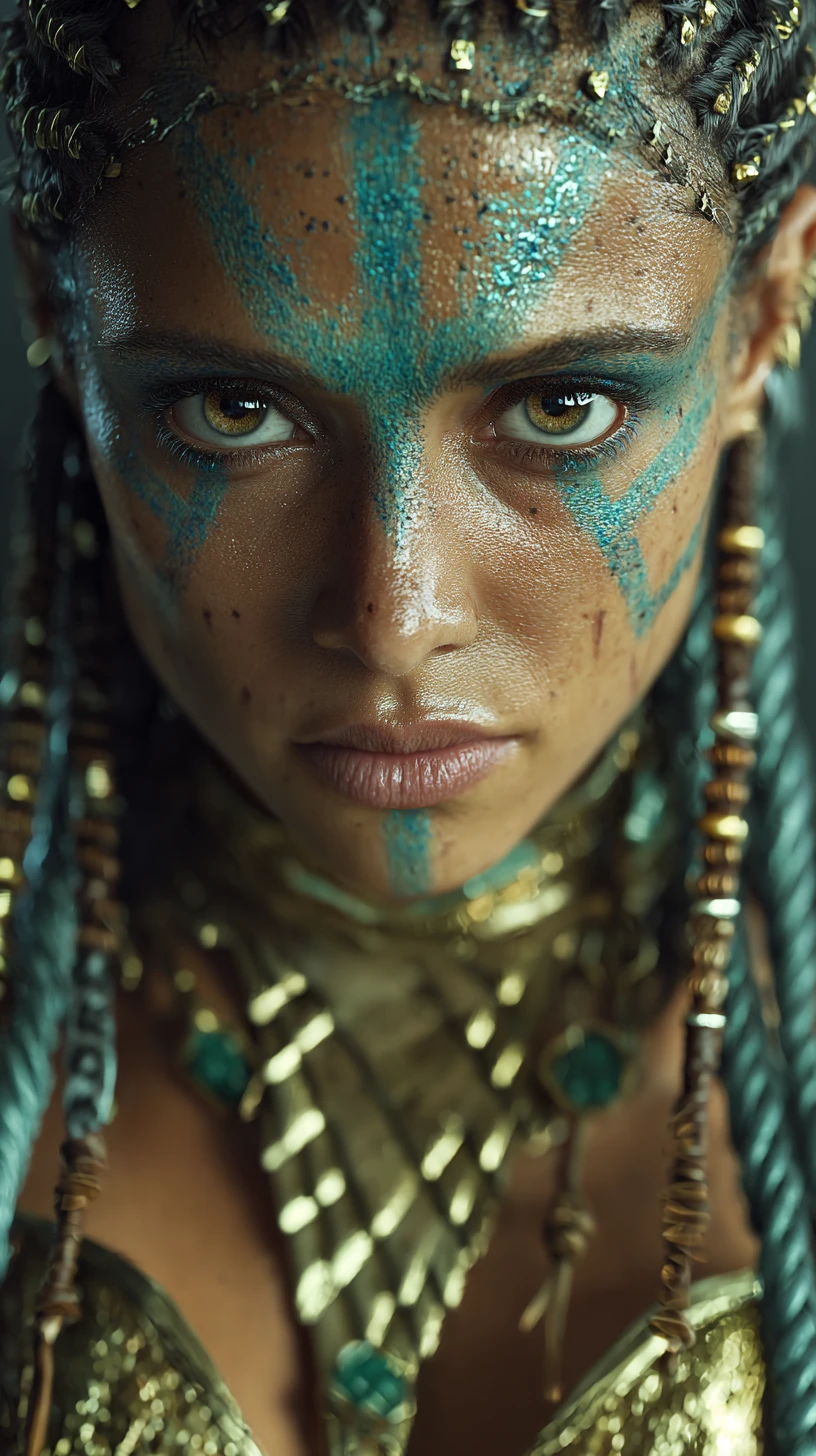 Tribal warrior queen with turquoise ritual face markings